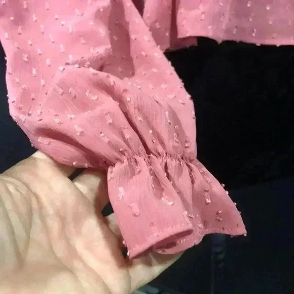 Leche Peplum Pin Dot,long sleeve,ruffle v-neck,bell sleeve,lined,light rose - Picture 5 of 9